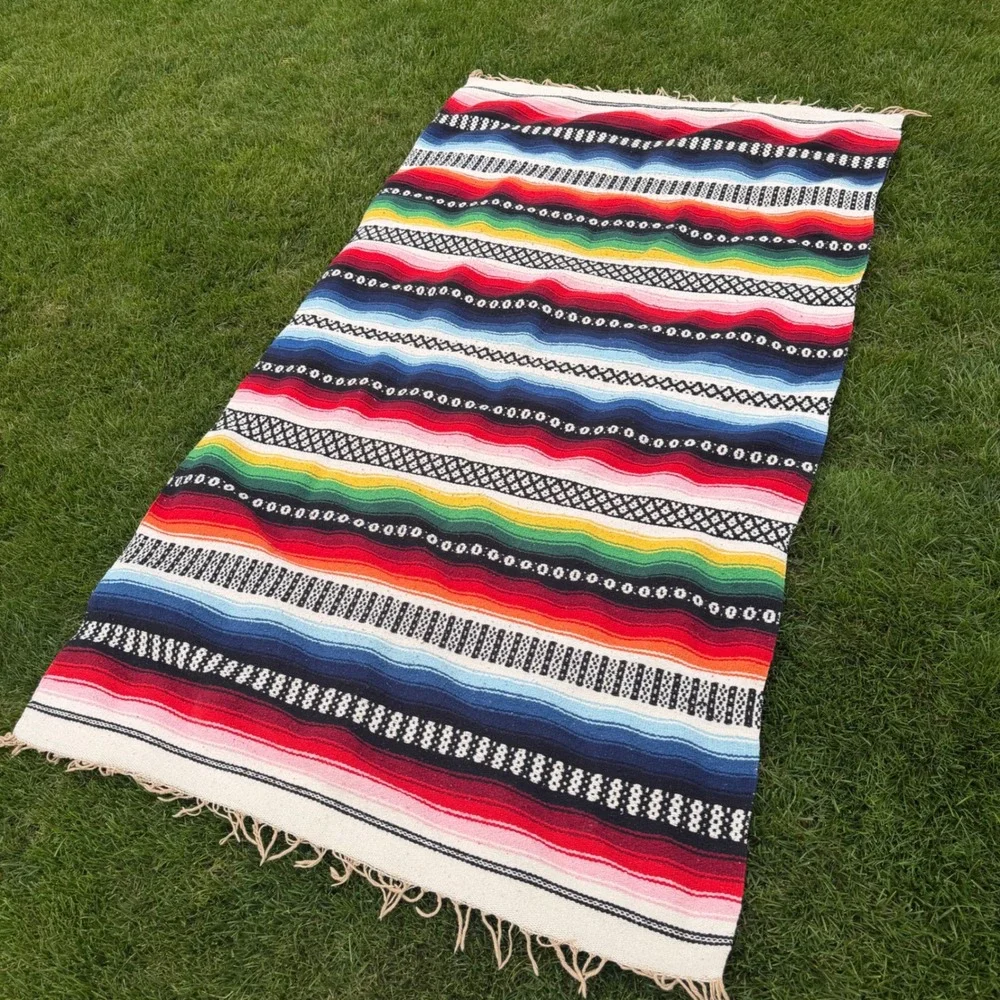 A+ Mexican Serape Blanket Multi Color Striped Fringed Throw Rug 88x48 Southwest